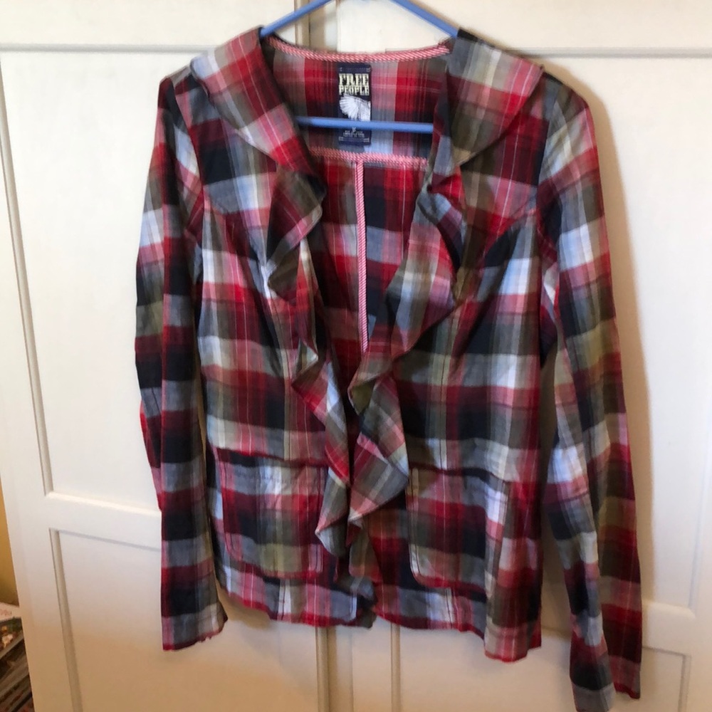 Free People Plaid Ruffled Pleated Blazer Size 6
